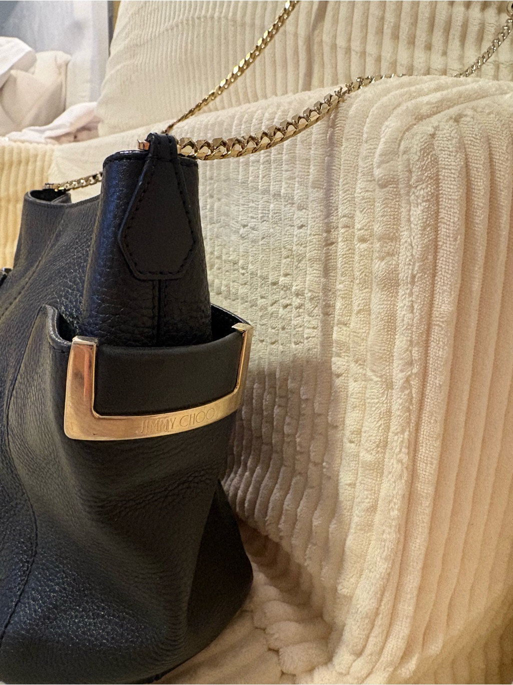Jimmy Choo Black Leather Shoulder Bag With Gold Chain And Trim